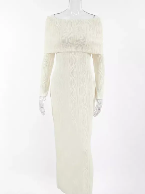 Robe longue plissée à épaules dénudées pour femme - Élégante robe moulante texturée crème - Manches longues - Tenue de soirée 2026
