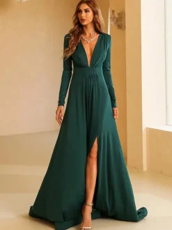 Robe longue plongeante manches longues fentes latérales robes de bal plissées