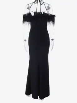 Robe longue à plumes pour femme - Robe moulante noire élégante à col halter et fente haute - Soirée d'été 2026