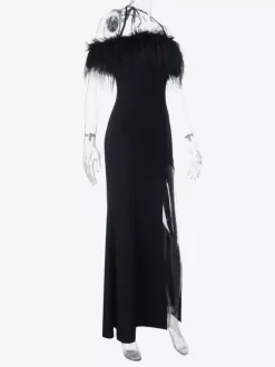 Robe longue à plumes pour femme - Robe moulante noire élégante à col halter et fente haute - Soirée d'été 2026