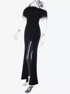 Robe longue à plumes pour femme - Robe moulante noire élégante à col halter et fente haute - Soirée d'été 2026