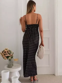 Robe longue à pois et bretelles fines style chic français avec bordure en dentelle et n艙ud sur le devant - Idéale pour un pique-nique d'été 2026