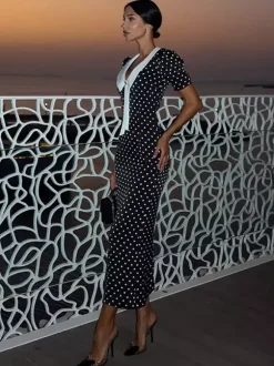 Robe longue à pois pour femme - Robe crayon moulante noire vintage à col Claudine - Idéale pour une soirée d'été (2026)