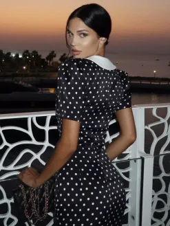 Robe longue à pois pour femme - Robe crayon moulante noire vintage à col Claudine - Idéale pour une soirée d'été (2026)