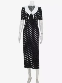 Robe longue à pois pour femme - Robe crayon moulante noire vintage à col Claudine - Idéale pour une soirée d'été (2026)