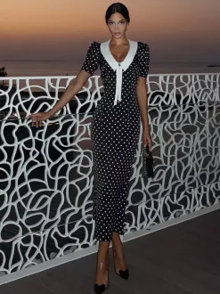 Robe longue à pois pour femme - Robe crayon moulante noire vintage à col Claudine - Idéale pour une soirée d'été (2026)