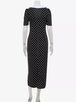 Robe longue à pois pour femme - Robe crayon moulante noire vintage à col Claudine - Idéale pour une soirée d'été (2026)