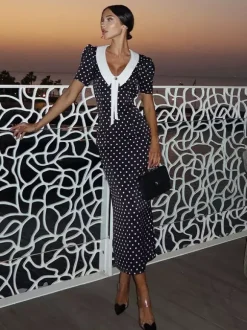 Robe longue à pois pour femme - Robe crayon moulante noire vintage à col Claudine - Idéale pour une soirée d'été (2026)