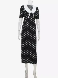 Robe longue à pois pour femme - Robe crayon moulante noire vintage à col Claudine - Idéale pour une soirée d'été (2026)