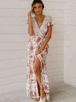 Robe longue portefeuille bohème à imprimé floral pour femme - Robe crème à manches courtes col en V et imprimé ethnique - Idéale pour les vacances d'été à la plage 2026