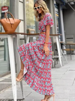 Robe longue portefeuille à col V et imprimé floral pour femme - Robe bohème à manches papillon et ourlet à volants - Idéale pour les vacances d'été à la plage 2026