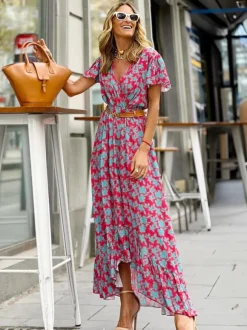 Robe longue portefeuille à col V et imprimé floral pour femme - Robe bohème à manches papillon et ourlet à volants - Idéale pour les vacances d'été à la plage 2026