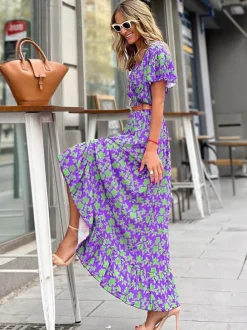 Robe longue portefeuille à col V et imprimé floral pour femme - Robe bohème à manches papillon et ourlet à volants - Idéale pour les vacances d'été à la plage 2026