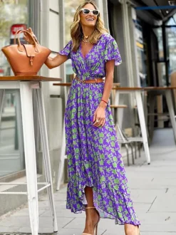 Robe longue portefeuille à col V et imprimé floral pour femme - Robe bohème à manches papillon et ourlet à volants - Idéale pour les vacances d'été à la plage 2026