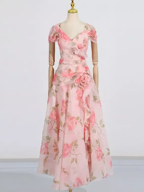 Robe longue rose à fleurs et épaules dénudées pour femme style élégant pour les soirées