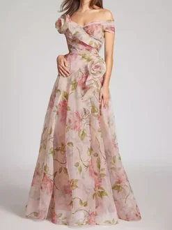 Robe longue rose à fleurs et épaules dénudées pour femme style élégant pour les soirées