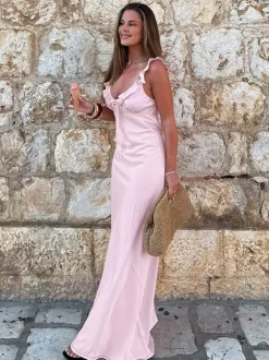 Robe longue rose pâle pour femme - Élégante robe à volants col en V et n艙ud sur le devant - Robe de plage d'été style coquette 2026