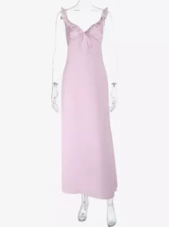 Robe longue rose pâle pour femme - Élégante robe à volants col en V et n艙ud sur le devant - Robe de plage d'été style coquette 2026
