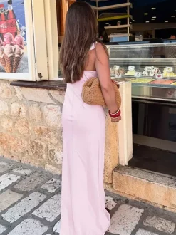 Robe longue rose pâle pour femme - Élégante robe à volants col en V et n艙ud sur le devant - Robe de plage d'été style coquette 2026
