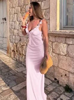 Robe longue rose pâle pour femme - Élégante robe à volants col en V et n艙ud sur le devant - Robe de plage d'été style coquette 2026