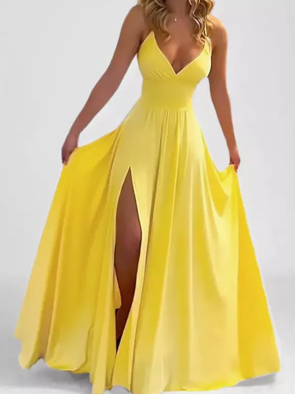 Robe longue rose poudré à col en V et bretelles fendue jusqu'à la cuisse pour femme