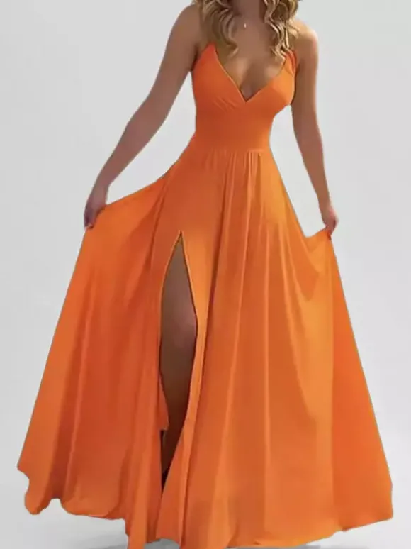 Robe longue rose poudré à col en V et bretelles fendue jusqu'à la cuisse pour femme