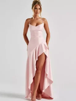Robe longue rouge bustier en satin fendue jusqu'à la cuisse style audacieux et formel pour femme
