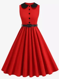Robe longue rouge sans manches à col Claudine et coupe trapèze pour femme style vintage chic