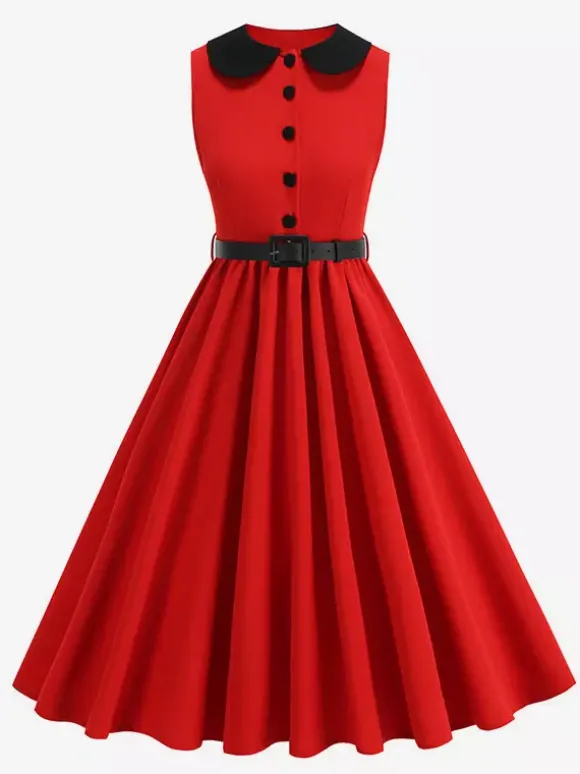 Robe longue rouge sans manches à col Claudine et coupe trapèze pour femme style vintage chic