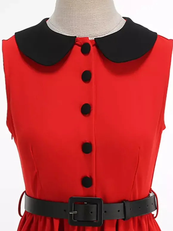 Robe longue rouge sans manches à col Claudine et coupe trapèze pour femme style vintage chic