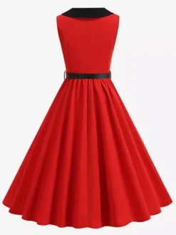 Robe longue rouge sans manches à col Claudine et coupe trapèze pour femme style vintage chic