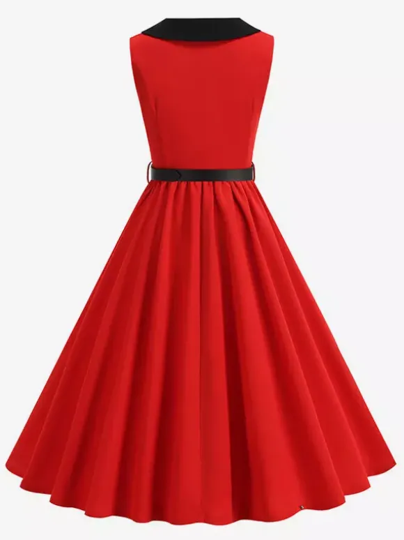 Robe longue rouge sans manches à col Claudine et coupe trapèze pour femme style vintage chic