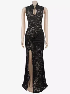 Robe longue sexy en dentelle découpée pour femme - Robe de soirée moulante à fente haute et fronces - Idéale pour les soirées d'été en club 2026