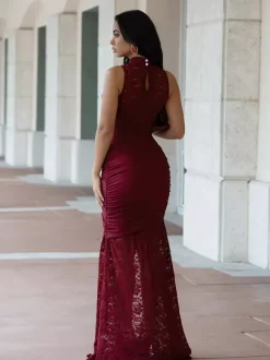 Robe longue sexy en dentelle découpée pour femme - Robe de soirée moulante à fente haute et fronces - Idéale pour les soirées d'été en club 2026