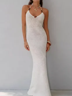 Robe longue sirène dos nu en maille à bretelles pour femme robe moulante à nouer robe de soirée élégante