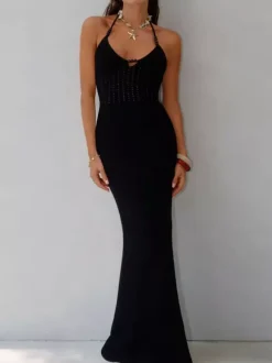 Robe longue sirène dos nu en maille à bretelles pour femme robe moulante à nouer robe de soirée élégante