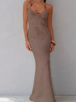 Robe longue sirène dos nu en maille à bretelles pour femme robe moulante à nouer robe de soirée élégante