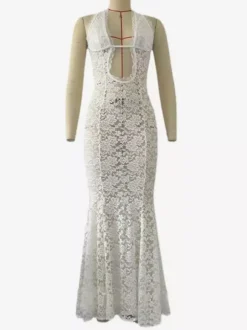 Robe longue sirène en dentelle blanche avec détails découpés 2026