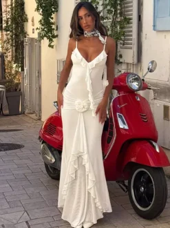 Robe longue sirène froncée dos nu à volants et rosettes pour femme 2026