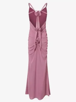 Robe longue sirène froncée dos nu à volants et rosettes pour femme 2026
