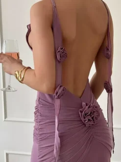 Robe longue sirène froncée dos nu à volants et rosettes pour femme 2026