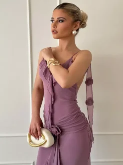 Robe longue sirène froncée dos nu à volants et rosettes pour femme 2026