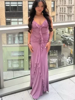 Robe longue sirène froncée dos nu à volants et rosettes pour femme 2026