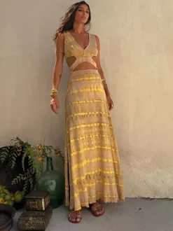 Robe longue tie-dye pour femme - Robe d'été bohème fluide sans manches décolleté en V et fente haute - Idéale pour les vacances d'été à la plage 2026