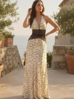 Robe longue vintage à pois dos nu décolleté en V profond patchwork de dentelle pour femme 2026