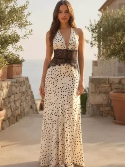 Robe longue vintage à pois dos nu décolleté en V profond patchwork de dentelle pour femme 2026