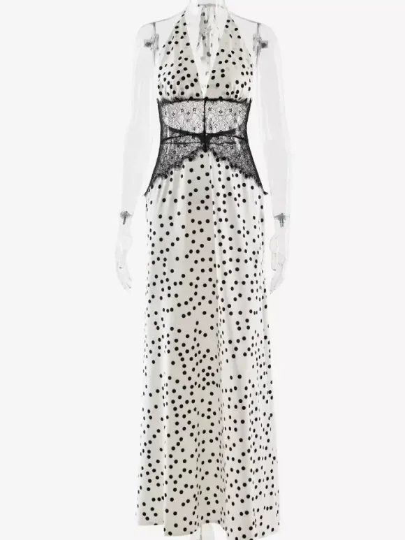Robe longue vintage à pois dos nu décolleté en V profond patchwork de dentelle pour femme 2026