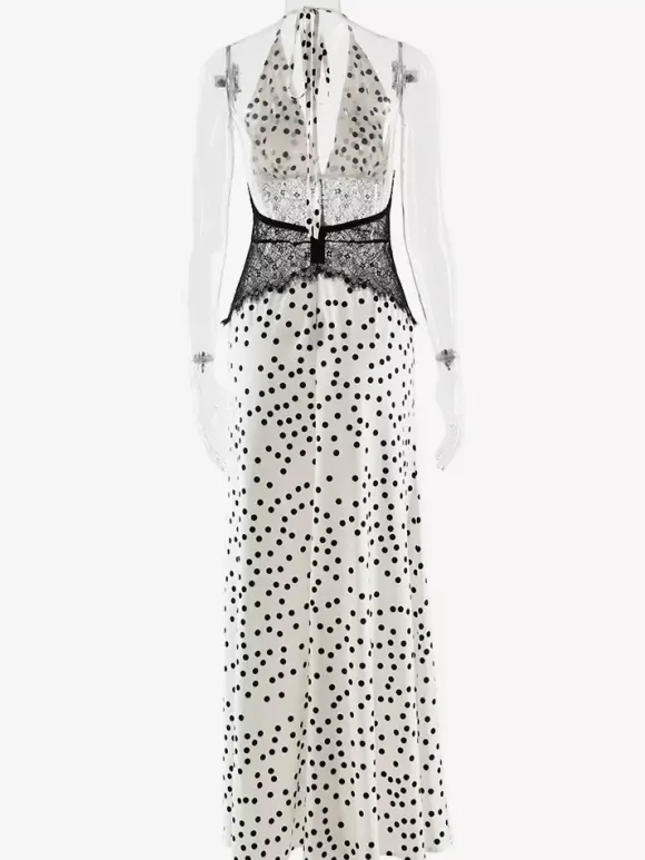 Robe longue vintage à pois dos nu décolleté en V profond patchwork de dentelle pour femme 2026