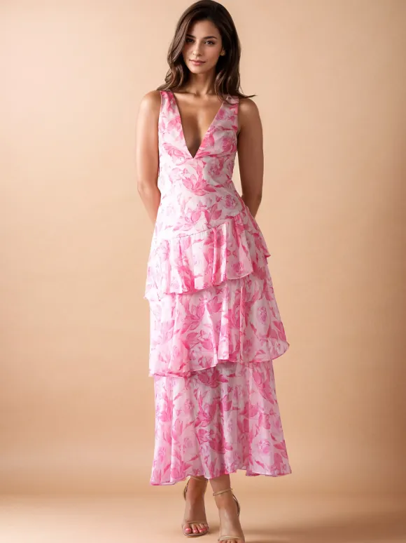 Robe longue à volants superposés et imprimé floral avec décolleté en V profond et dos ouvert 2026