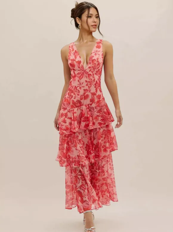 Robe longue à volants superposés et imprimé floral avec décolleté en V profond et dos ouvert 2026